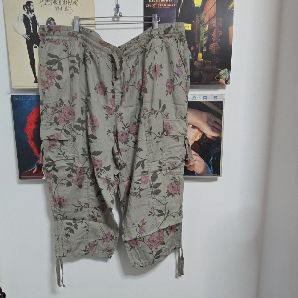 Lane Bryant Olive Cargo Capris with Pink Floral Accents